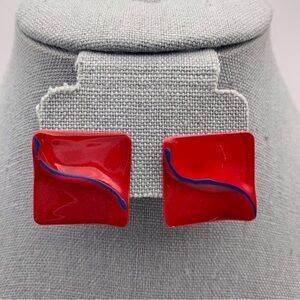 Vintage Retro 80s Red Square Stud Earrings Art to Wear Blue Swirl